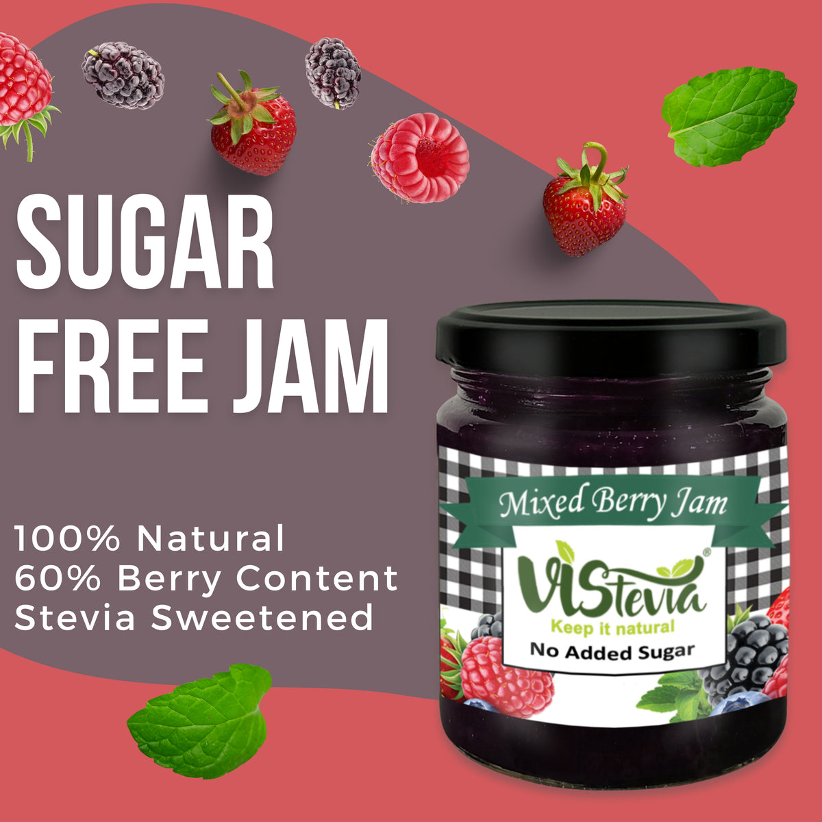 Vistevia Sugar Free Mixed Berry Jam, Diabetic and Keto Friendly - Sweetened Naturally with Stevia, More Than 60% Berries Content - Tastes Delicious - Pack of 1 (220G)