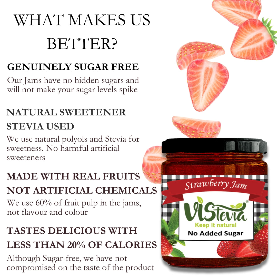 Vistevia Sugar Free Raspberry & Strawberry Jam, Diabetic and Keto Friendly - Sweetened Naturally with Stevia, More Than 60% Whole Berry Content - Tastes Delicious - Pack of 2 (220*2 GM)