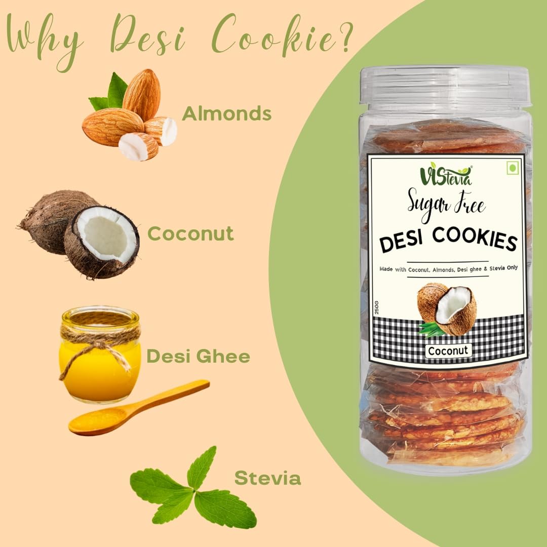 Vistevia Sugar Free Coconut Desi Cookies, Diabetic Freindly - Made With Coconut, Almonds, Desi Ghee And Stevia - Delicious To Taste, Pack Of 1 (250G)