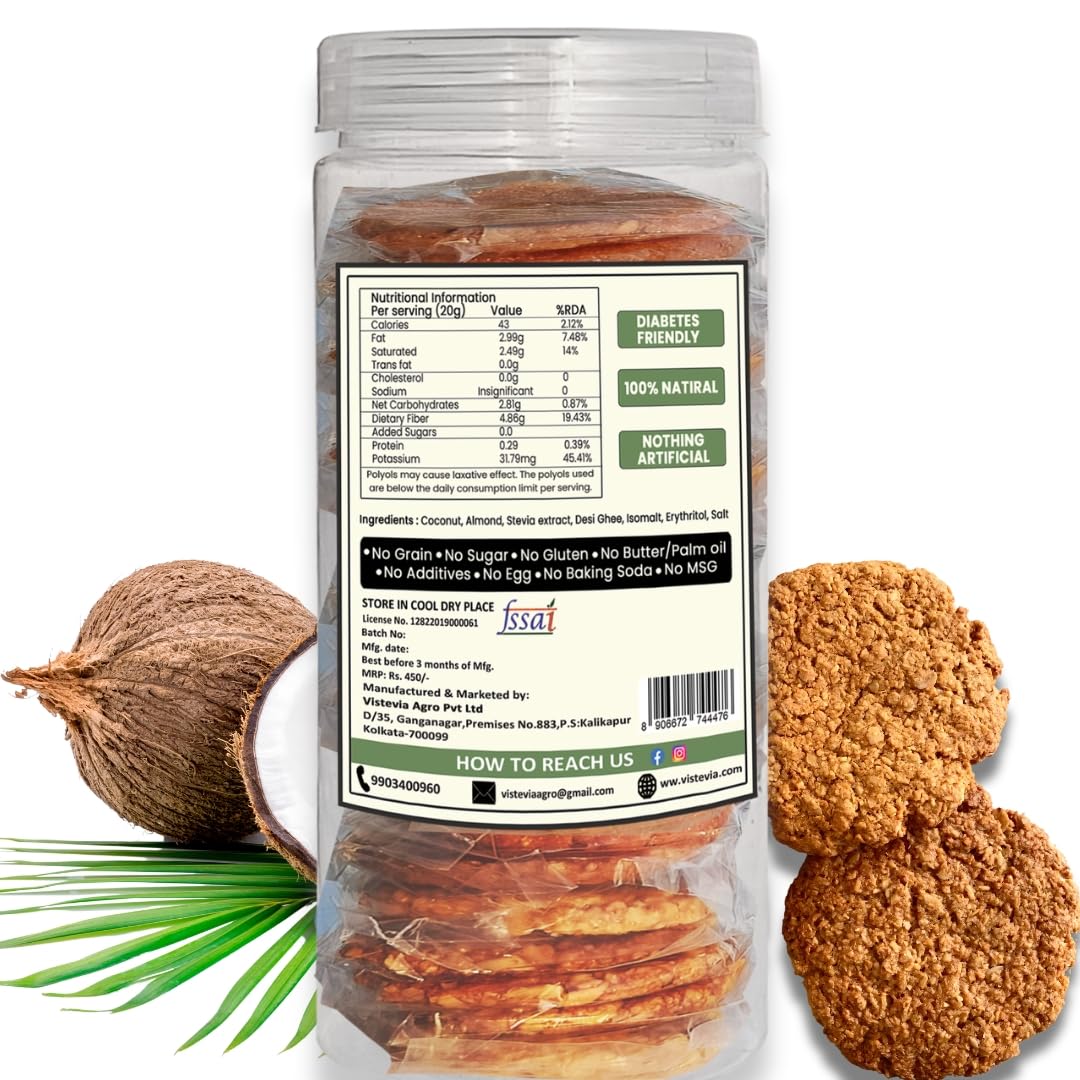 Vistevia Sugar Free Coconut Desi Cookies, Diabetic Freindly - Made With Coconut, Almonds, Desi Ghee And Stevia - Delicious To Taste, Pack Of 1 (250G)