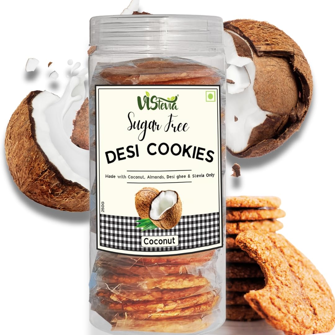 Vistevia Sugar Free Coconut Desi Cookies, Diabetic Freindly - Made With Coconut, Almonds, Desi Ghee And Stevia - Delicious To Taste, Pack Of 1 (250G)