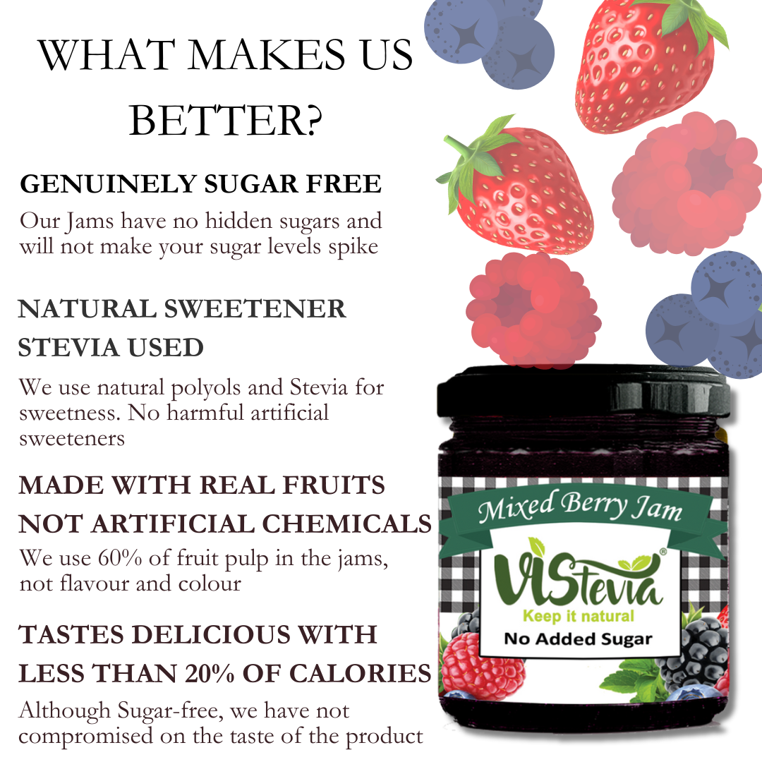 Vistevia Sugar Free Mixed Berry Jam, Diabetic and Keto Friendly - Sweetened Naturally with Stevia, More Than 60% Berries Content - Tastes Delicious - Pack of 1 (220G)