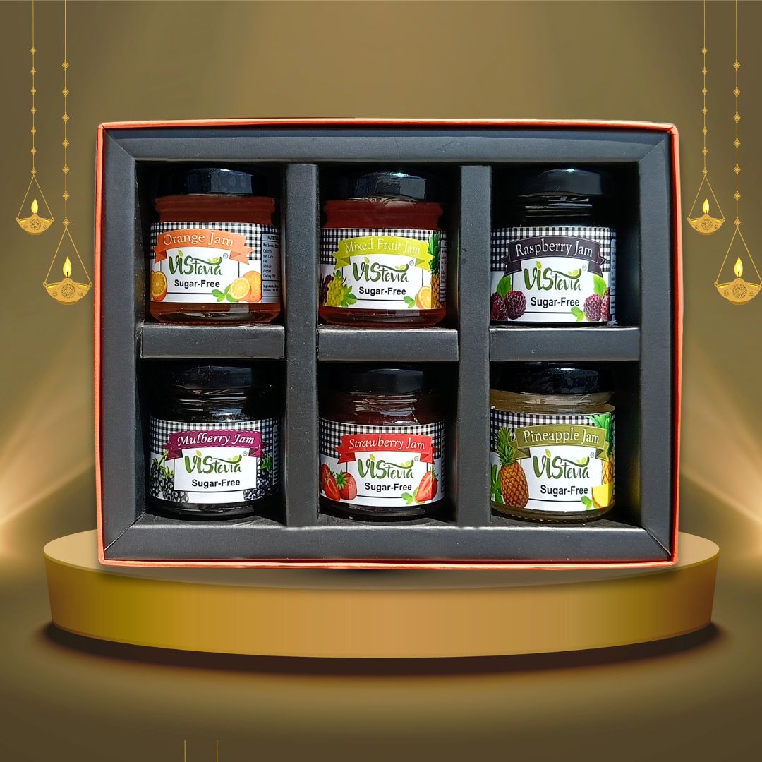 VIStevia Diwali Gift Hamper Of Sugar Free Jams - Pack of 6 Different Flavours, Strawberry, Pineapple, Apple, MIxed Berry, Orange & Raspberry - Diabetic And Keto Friendly, Naturally Sweetened With Stevia.