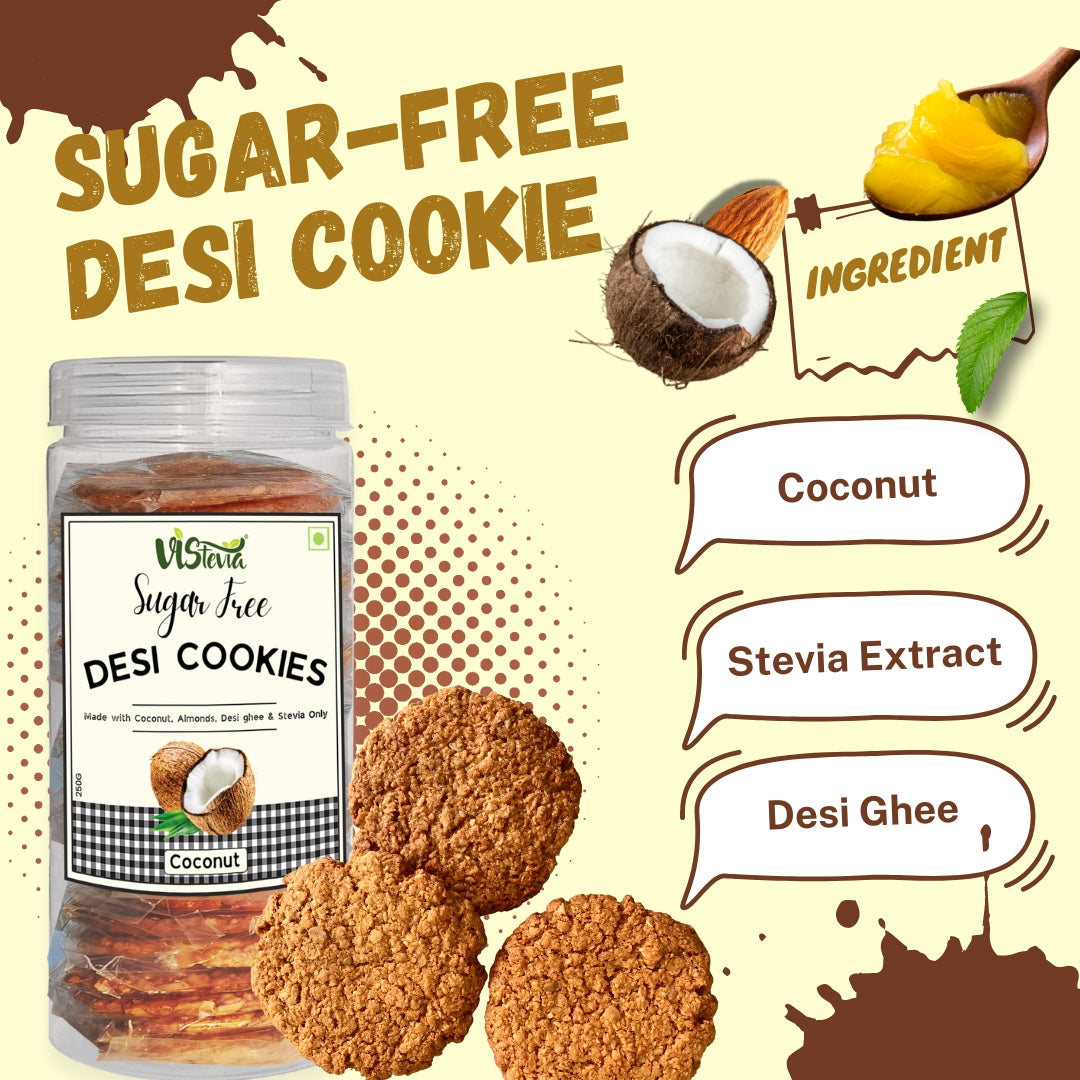 Vistevia Sugar Free Coconut Desi Cookies, Diabetic Freindly - Made With Coconut, Almonds, Desi Ghee And Stevia - Delicious To Taste, Pack Of 1 (250G)