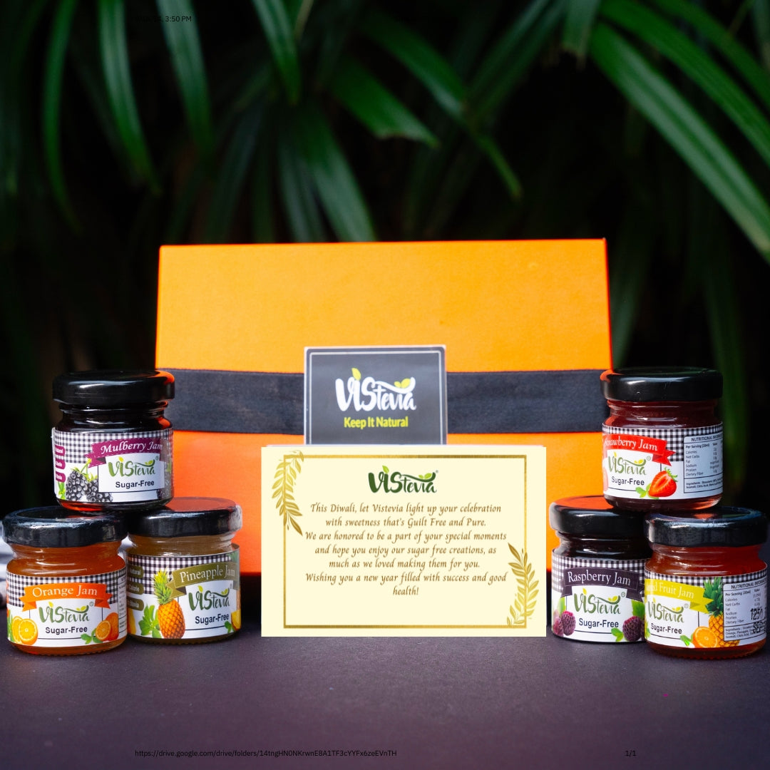 VIStevia Diwali Gift Hamper Of Sugar Free Jams - Pack of 6 Different Flavours, Strawberry, Pineapple, Apple, MIxed Berry, Orange & Raspberry - Diabetic And Keto Friendly, Naturally Sweetened With Stevia.