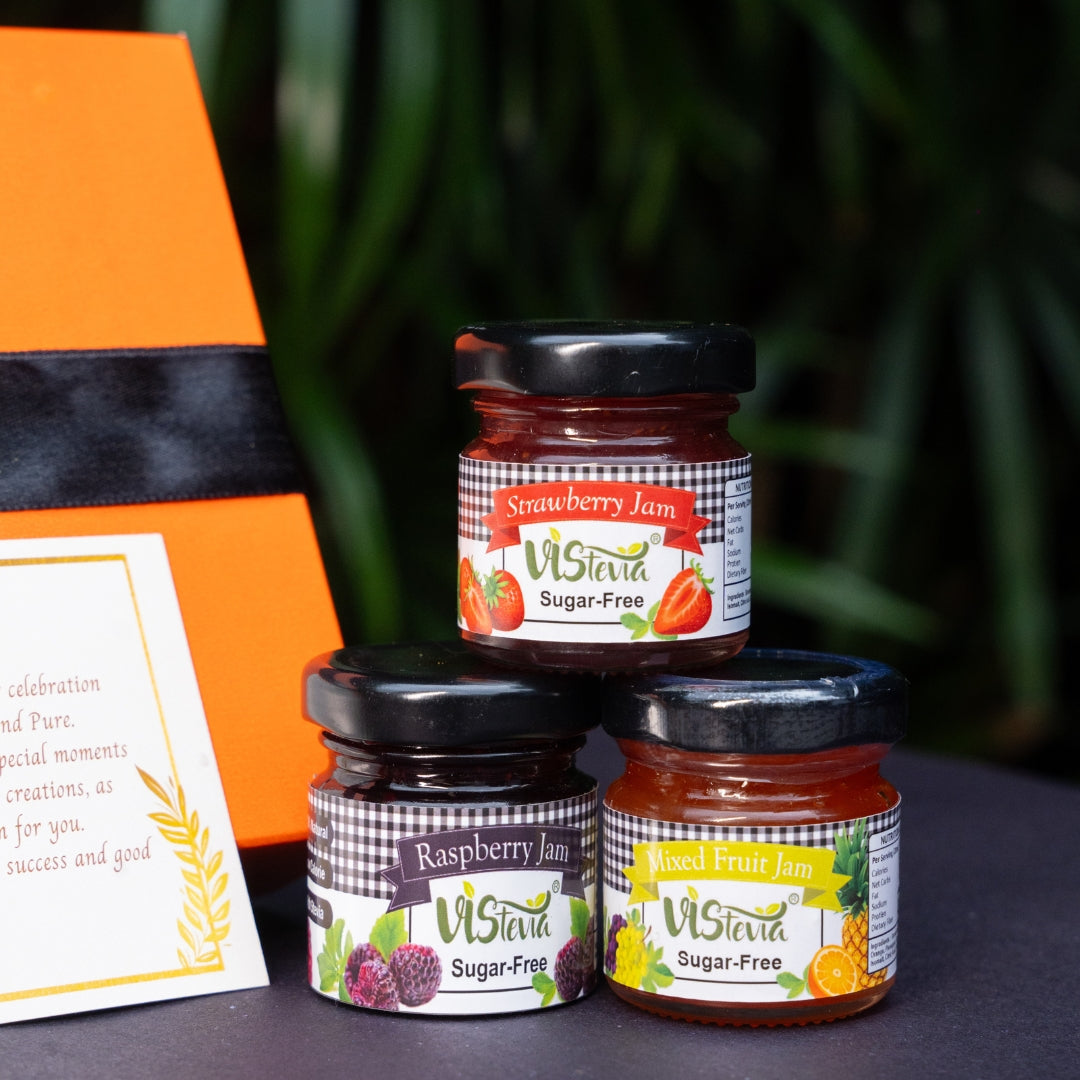 VIStevia Diwali Gift Hamper Of Sugar Free Jams - Pack of 6 Different Flavours, Strawberry, Pineapple, Apple, MIxed Berry, Orange & Raspberry - Diabetic And Keto Friendly, Naturally Sweetened With Stevia.