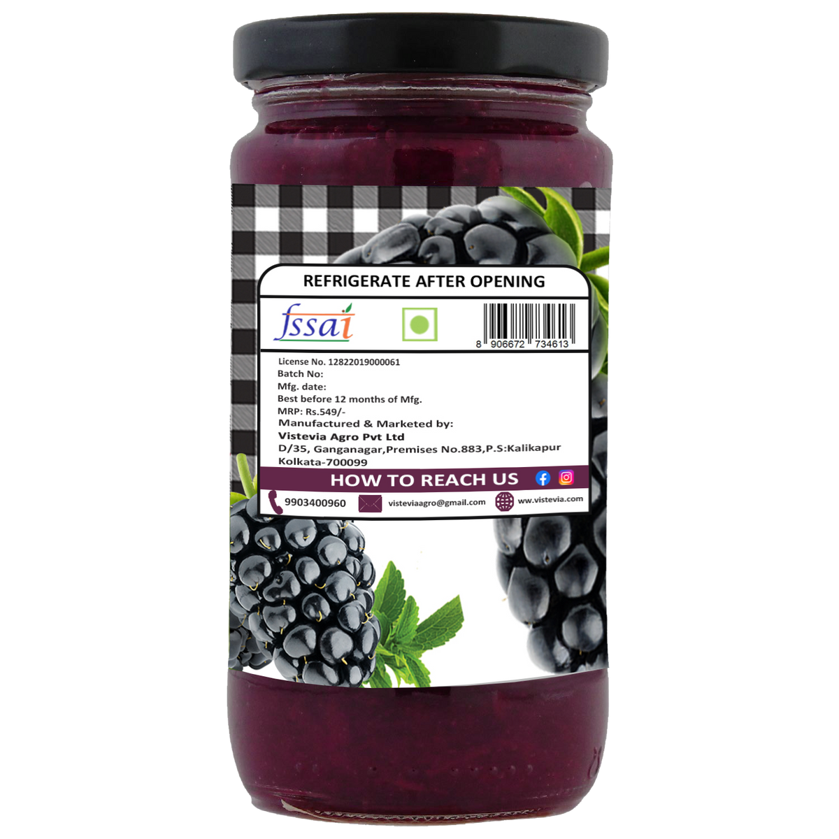 Vistevia Sugar Free Mulberry Jam, Diabetic and Keto Friendly - Sweetened Naturally With Stevia - Delicious To Taste, Pack of 1 (400G)