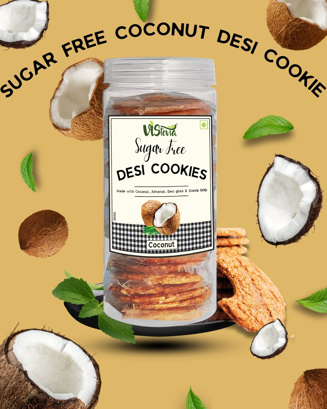 Vistevia Sugar Free Coconut Desi Cookies, Diabetic Freindly - Made With Coconut, Almonds, Desi Ghee And Stevia - Delicious To Taste, Pack Of 1 (250G)